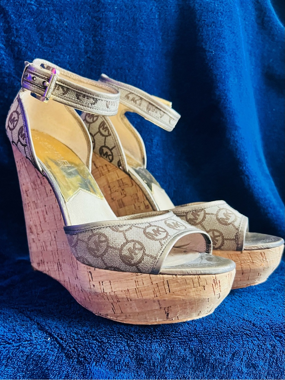 Michael Kors Tan Logo Cork Platform Wedge Sandals
